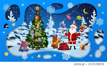 Christmas paper cut greeting card with Santa juggles gifts for winter holiday, cartoon vector. Christmas and New Year greeting card with funny Sants juggling gifts at Christmas tree in paper cut 131520658