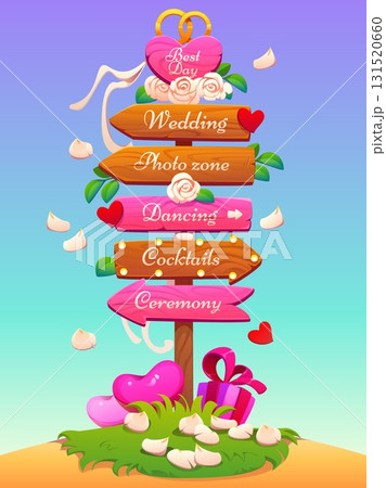 Cartoon wedding sign board romantic signpost with wooden arrows pointing to areas like ceremony, cocktails, photo zone and dancing, decorated with hearts, rose petals, gifts, and rings, evoke love 131520660