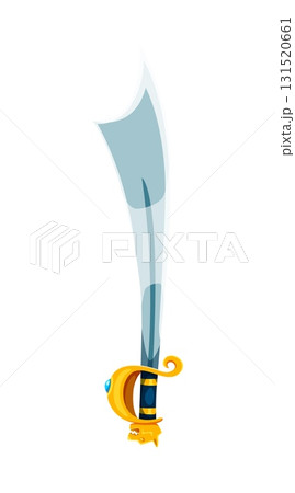 Cartoon pirate sword with a wide silver blade, ornate gold hilt featuring a jewel and a lion-shaped pommel, and a dark handle with golden accents. Isolated vector corsair cutlass for fantasy games 131520661