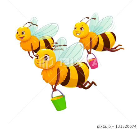 Cartoon cheerful honey bee characters with translucent wings fly while carrying colorful buckets filled with honey. Vector swarm of adorable insect personages workers collecting nectar in the garden 131520674