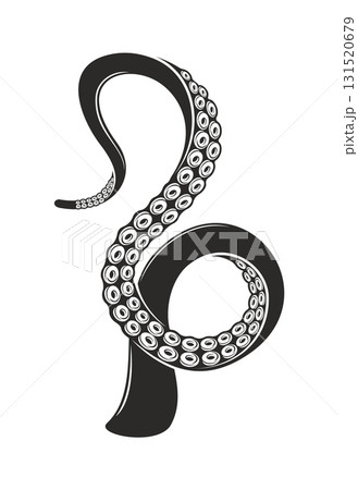 Octopus tentacles tattoo. Kraken or squid monster limb featuring swirling shape and suction cups. Isolated vector aquatic animal monochrome body art ornament. Mysterious beast swirling creepy arm 131520679