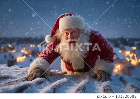 雪の積もった屋根から滑り落ちそうなサンタクロース 131520688