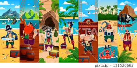 Caribbean pirate characters collage. Cartoon corsairs on tropical islands and ships, surrounded by treasure chests, weapons, maps and sea creatures. Vector adventurous rovers with hooks and parrots 131520692