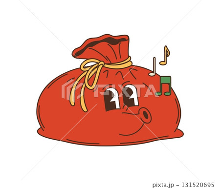 Retro cartoon groovy Christmas character of a red gift sack with a smiling face, decorated with a yellow ribbon and cheerful music notes. Cute festive y2k bag, Xmas holiday personage happily whistling 131520695