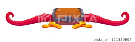 Cartoon marine and nautical divider, pirate and corsair border frame, piracy decoration with wooden treasure chest guarded by two curling red octopus tentacles, surrounded by scattered gold coins 131520697
