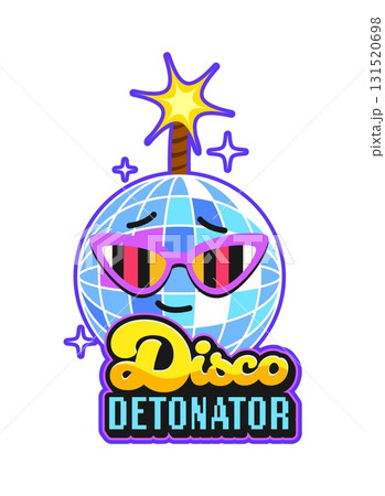 Dynamite and tnt vintage y2k sticker, bomb retro patch label. Vector funky badge with cartoon smiling disco ball character wearing colorful sunglasses, topped with a lit fuse and exudes 70s nostalgia 131520698