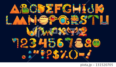 Cartoon Egyptian font or ancient pharaoh typeface and mythology type, vector game alphabet. Ancient Egypt font letters of pyramid and mummy with scarab and pharaoh mask with Anubis god in typeface 131520705