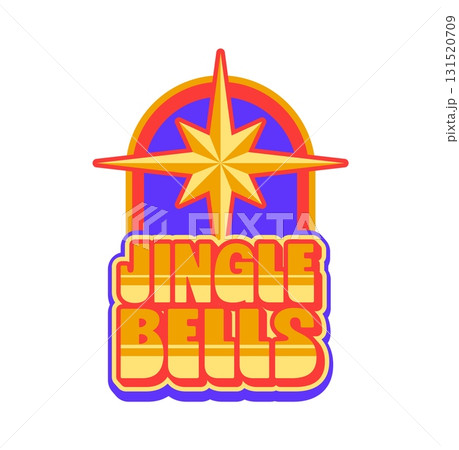 Christmas jingle bells Y2K groovy sticker or tag. Happy winter holiday celebration label, New Year groovy Y2K vector patch. Christmas vintage sticker with golden star of Bethlehem, funky typography 131520709