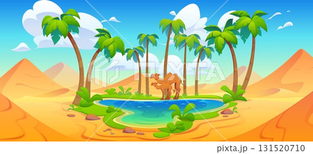 Middle East or Egypt desert oasis landscape with palms and camels. Vector background of cartoon oasis nature landscape with sand dunes, palm trees and green plants, camel animals, river or lake water 131520710