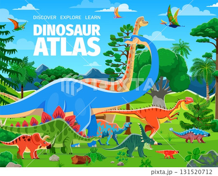 Prehistoric dinosaur reptile characters on atlas book cover template. Dino creatures in a lush Jurassic era landscape. Vector animal species representing a journey through time to the ancient world Prehistoric dinosaur reptile characters on atlas book cover template. Dino creatures in a lush Jurassic era landscape. Vector animal species representing a journey through time to the ancient world 131520712