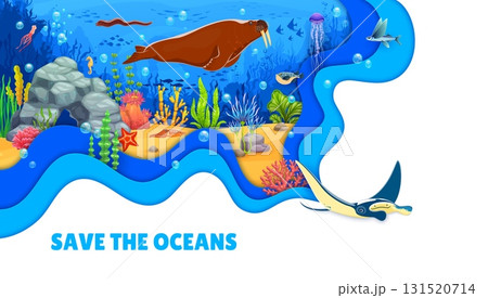 Paper cut underwater landscape with sea animals. Save the ocean banner. 3d vector environmental conservation awareness with corals, cartoon walrus, stingray, fish shoal and eel, jellyfish and squid Paper cut underwater landscape with sea animals. Save the ocean banner. 3d vector environmental conservation awareness with corals, cartoon walrus, stingray, fish shoal and eel, jellyfish and squid 131520714