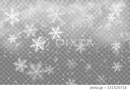Snowfall overlay realistic snowflakes and glowing particles, Christmas snow background with falling flakes. Realistic winter overlay Xmas backdrop. Vector isolated ice crystals descend from sky 131520718
