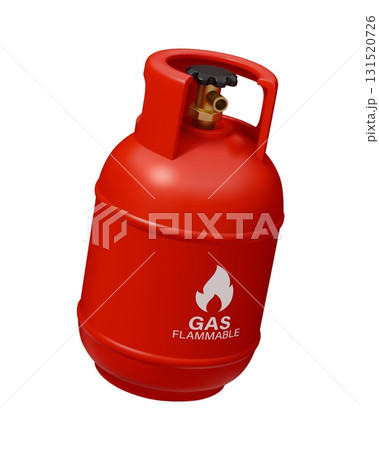 3d gas cylinder with a flame warning sign and gas flammable label. Vector red metal valve and handle visible on top. Realistic rendering for safety or industrial use isolated on white background 131520726