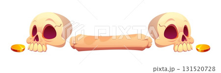 Marine and nautical divider, pirate and corsair border frame, piracy decoration with two skulls facing inward, a central parchment scroll, and gold coins on each side. Vector emblem for treasure maps 131520728