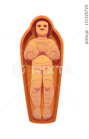Cartoon Egyptian mummy inside a tomb sarcophagus, wrapped with bandages, ancient Egypt game icon asset, vintage Egyptian symbol and treasures. Vector spooky item for historical, archaeological games 131520729
