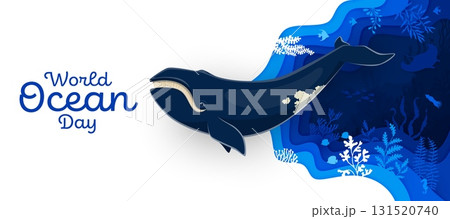 Oceans day paper cut banner with whale character. 3d vector save the ocean life awareness with sea animal in underwater landscape with coral reefs, fish, seaweeds. Environmental conservation campaign 131520740