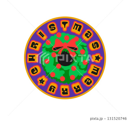 Christmas wreath Y2K funky sticker or label. Winter holiday groovy Y2K tag, Christmas festive vector sticker. New Year festive vintage 60s label with red bow on Xmas wreath and funky typography Christmas wreath Y2K funky sticker or label. Winter holiday groovy Y2K tag, Christmas festive vector sticker. New Year festive vintage 60s label with red bow on Xmas wreath and funky typography 131520746
