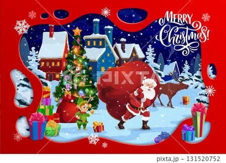 Christmas paper cut banner with Santa carrying big bag of gifts, cartoon vector. Merry Christmas winter holiday greeting card with Santa and funny elf with gifts in night village town in paper cut 131520752