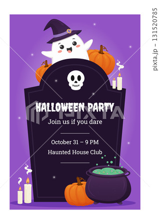 Playful Halloween party poster with a ghost wearing a witch hat, pumpkins, tombstone, and cauldron.  131520785