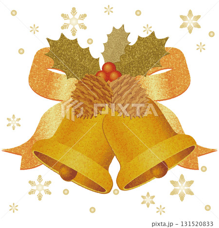 【水彩風】ヒイラギとリボンで飾られたクリスマスベルのイラスト 【水彩風】ヒイラギとリボンで飾られたクリスマスベルのイラスト 131520833