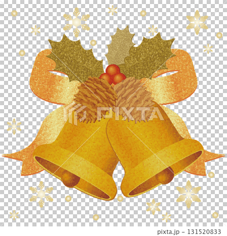 【水彩風】ヒイラギとリボンで飾られたクリスマスベルのイラスト 【水彩風】ヒイラギとリボンで飾られたクリスマスベルのイラスト 131520833