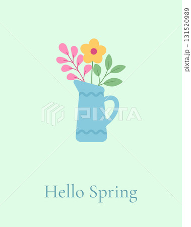 Cute pastel illustration with spring flowers in a blue vase and Hello Spring text. Ideal for seasonal greeting cards, posters, and cheerful decorative projects. 131520989