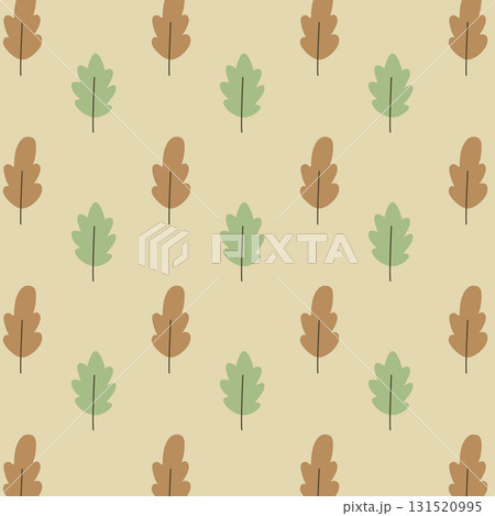 Seamless autumn pattern with brown and green leaves on beige background 131520995