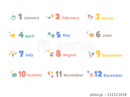 かわいい英文字で描かれた1月から12月のカレンダータイトルと季節のイラストセット 131521016