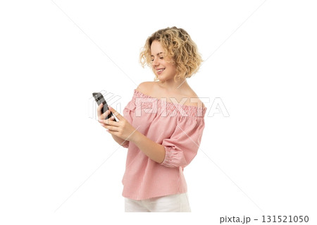 Woman using smartphone in bright light, isolated on white, PNG Woman using smartphone in bright light, isolated on white, PNG 131521050