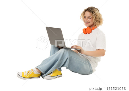 Person enjoys tech in a chill environment, isolated on white, PNG 131521058