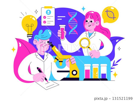 Genetics Testing Illustration Featuring DNA Molecule Structure, Scientific Research, and Laboratory Experiment with Scientists in a Technological Genetics Testing Illustration Featuring DNA Molecule Structure, Scientific Research, and Laboratory Experiment with Scientists in a Technological 131521199