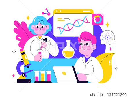 Genetics Testing Illustration Featuring DNA Molecule Structure, Scientific Research, and Laboratory Experiment with Scientists in a Technological Genetics Testing Illustration Featuring DNA Molecule Structure, Scientific Research, and Laboratory Experiment with Scientists in a Technological 131521203