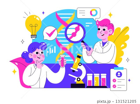 Genetics Testing Illustration Featuring DNA Molecule Structure, Scientific Research, and Laboratory Experiment with Scientists in a Technological Genetics Testing Illustration Featuring DNA Molecule Structure, Scientific Research, and Laboratory Experiment with Scientists in a Technological 131521205