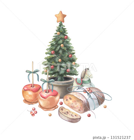 Christmas tree in pot, traditional fair food including stollen, vintage horse toy. Hand-painted watercolor illustration isolated on white background for holiday card, invitations, branding, design 131521237