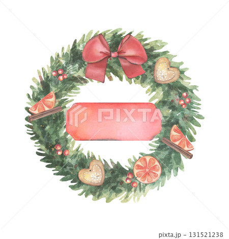 Fir wreath, bow, cookies, orange slices, cinnamon sticks, berries, label. Hand-painted watercolor illustration isolated on white for holiday cards, invitations, branding, packaging, holiday design 131521238