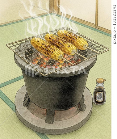火鉢で焼いている醤油トウモロコシのイラスト 131521241