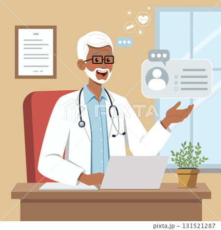 Senior Doctor Giving Online Consultation at Desk with Laptop Senior Doctor Giving Online Consultation at Desk with Laptop 131521287