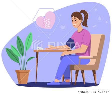 Young Woman Measuring Blood Pressure at Home 131521347