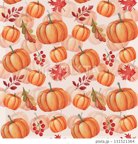 Watercolor seamless pattern of orange pumpkins, autumn leaves, and red berries on a beige and pink background. Suitable for textile design, gift wrapping paper, cards, invitations, and food packaging Watercolor seamless pattern of orange pumpkins, autumn leaves, and red berries on a beige and pink background. Suitable for textile design, gift wrapping paper, cards, invitations, and food packaging 131521364
