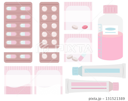薬のイラストセット（錠剤・カプセル・シロップ・チューブ・粉薬 131521389