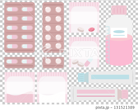 薬のイラストセット（錠剤・カプセル・シロップ・チューブ・粉薬 131521389