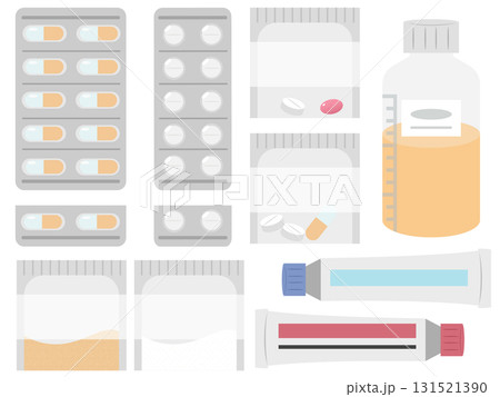 薬のイラストセット（錠剤・カプセル・シロップ・チューブ・粉薬 131521390