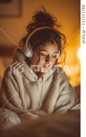 Young woman relaxing in bed listening music Young woman relaxing in bed listening music 131521766