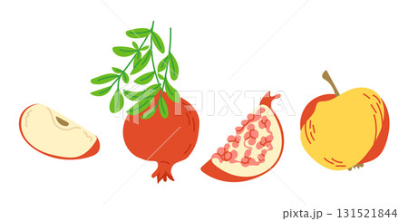 Hand drawn vector illustration of apple, pomegranate and branch with leaves in flat style on white background. Concept of healthy food, harvest and organic fruit design 131521844
