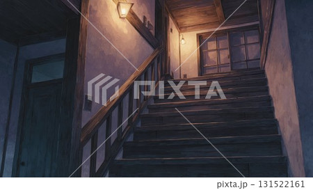 アニメ風の木造階段と夜の室内照明_1 アニメ風の木造階段と夜の室内照明_1 131522161