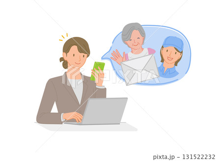 宅配見守りサービスを利用してメールで母親の安否確認をする女性 131522232