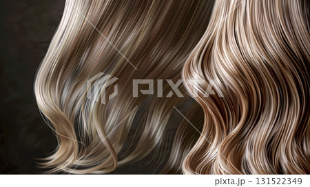Long, wavy hair in beautiful shades of rich brown, healthy, voluminous texture and a luxurious appearance against a dark background. AI generated 131522349