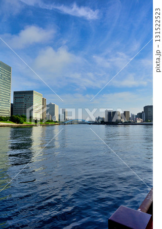 東京 隅田川 中央大橋からの永代橋と朝霧に包まれるスカイツリー 131522523