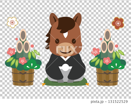 裃姿の馬のキャラクターと門松 正月飾りの年賀状素材 131522529