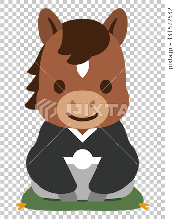 穿著和服、端坐的馬兒形象，新年日式插畫 131522532